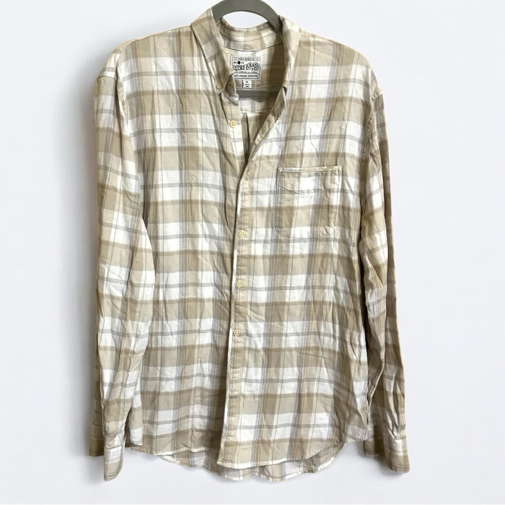 Lucky Brand Saturday Stretch Men’s Tan Plaid Long Sleeve Button Up Shirt XL